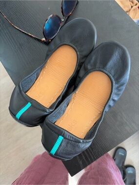 Tieks Black Leather Ballet Flats with Teal Heel Tab